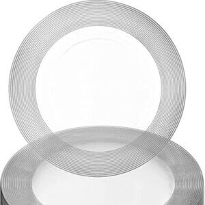 13" In Charger Plates [10 Pack] Clear, Silver Rope Textured Rim.